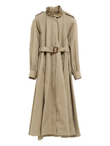 high-neckled long trench coat in cotton gabardine
