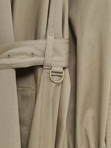 high-neckled long trench coat in cotton gabardine