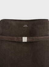 Belted suede bucket bag brown