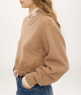 CROPPED MOCK-NECK SWEATER IN A WOOL AND CASHMERE KNIT & LACE
