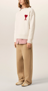 NATURAL CREWNECK WOOL SWEATER WITH AMI DE COEUR