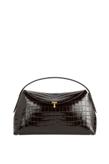 T-lock croco-embossed top handle dark brown