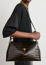 T-lock croco-embossed top handle dark brown