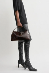 T-lock croco-embossed top handle dark brown