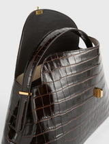 T-lock croco-embossed top handle dark brown