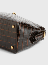 T-lock croco-embossed top handle dark brown