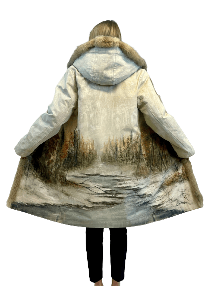 Coat handpainted with fur Hood - MYLISKAFASHION