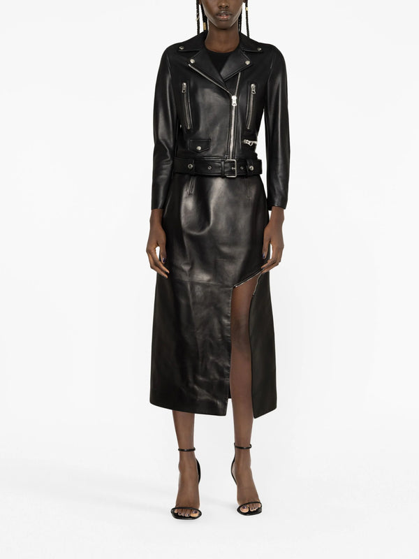 side-slit leather midi skirt