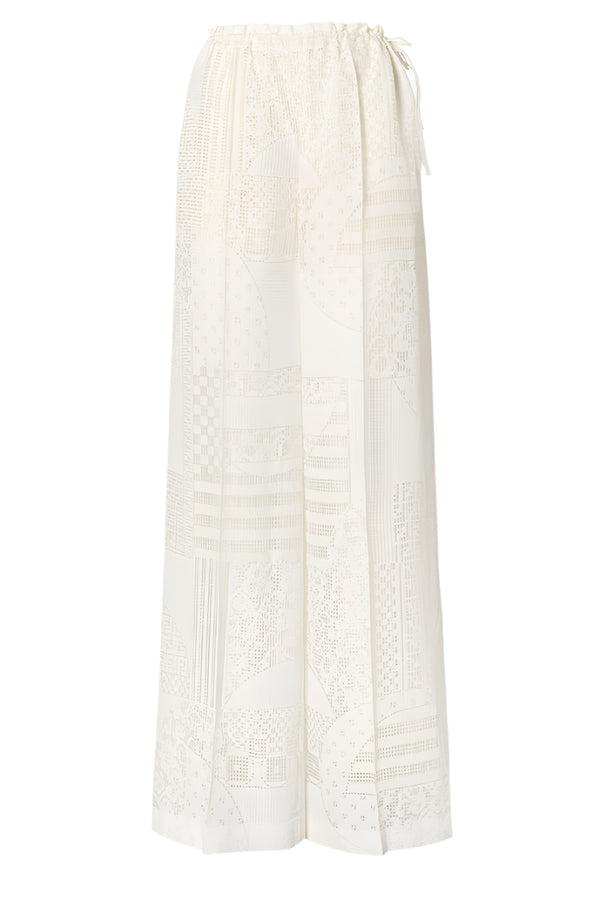 White viscose and silk devoré trousers