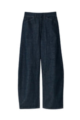 HIGH WAISTED CURVED PANTS IN DENIM