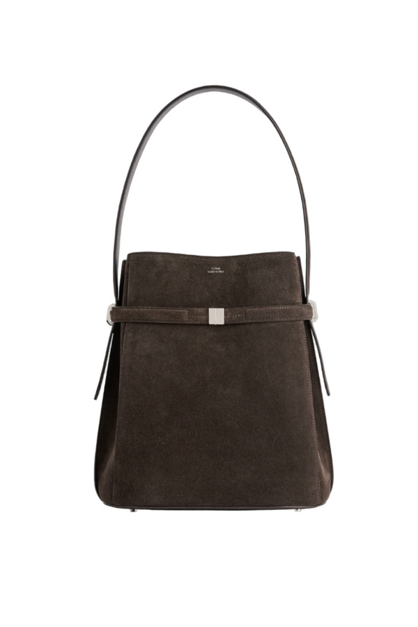 Belted suede bucket bag brown