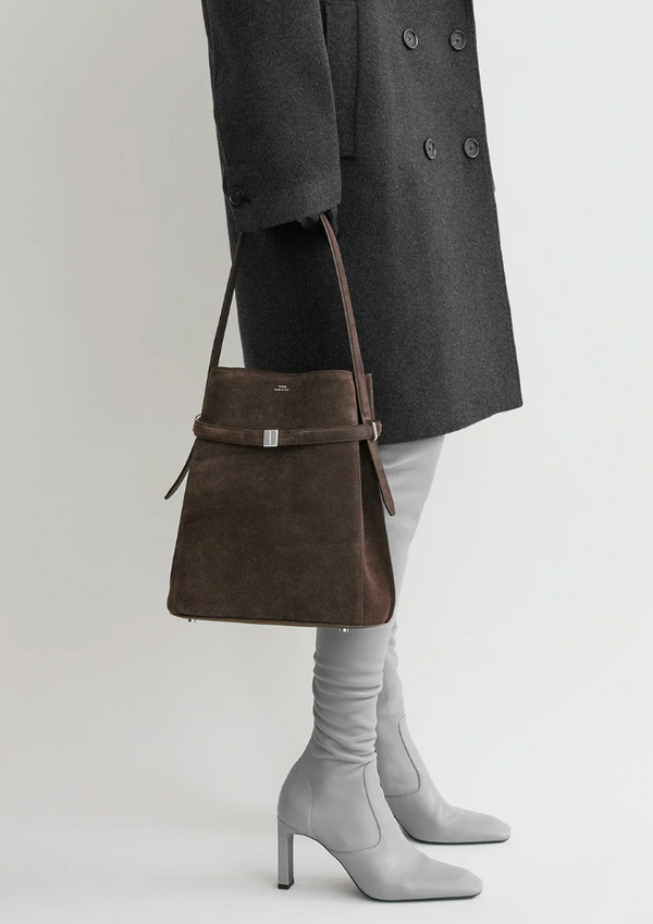 Belted suede bucket bag brown