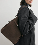 Belted suede bucket bag brown