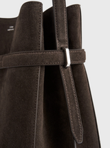 Belted suede bucket bag brown