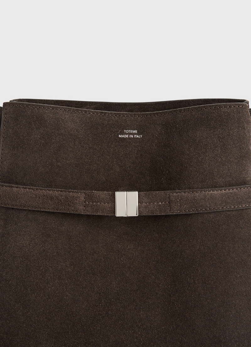 Belted suede bucket bag brown