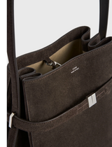Belted suede bucket bag brown