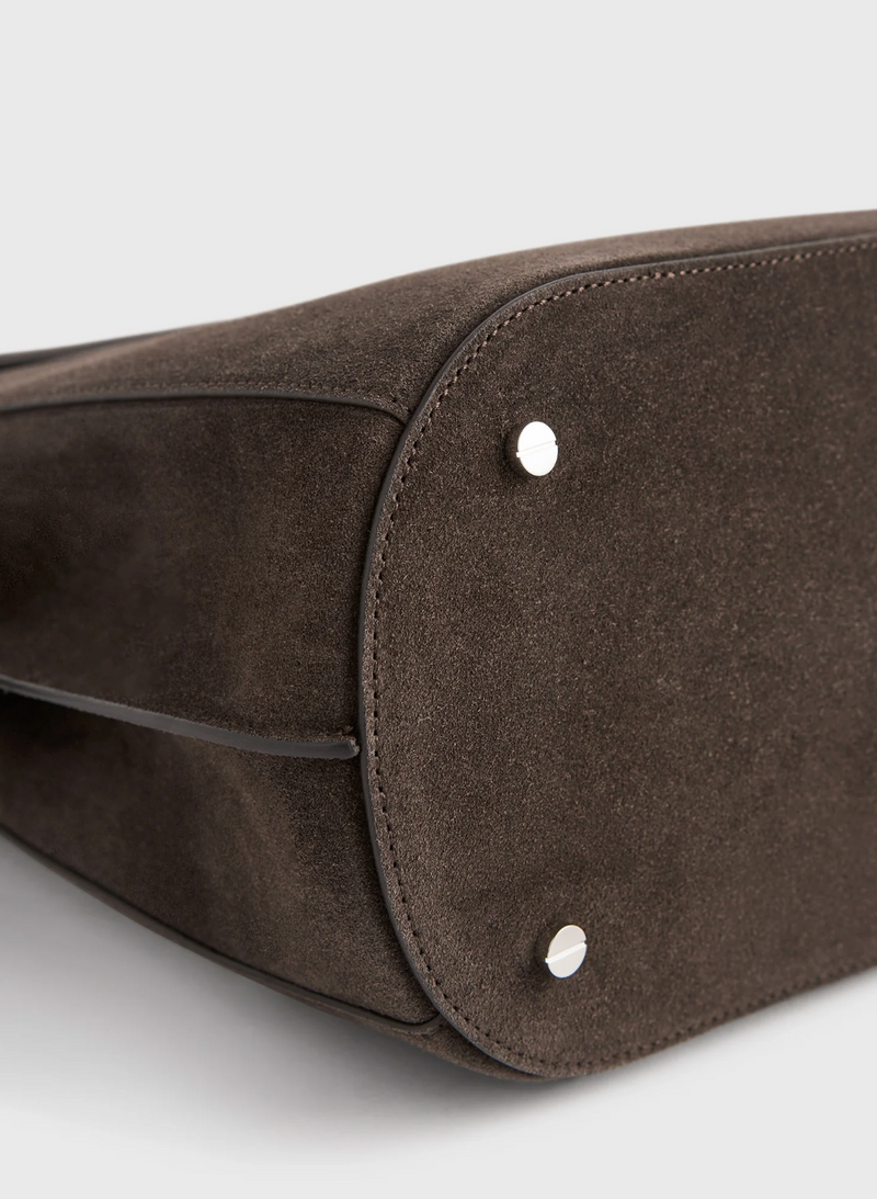 Belted suede bucket bag brown