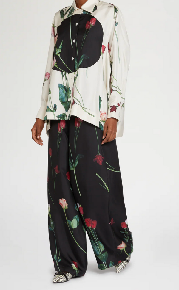 Black Silk Pants with Floral Print