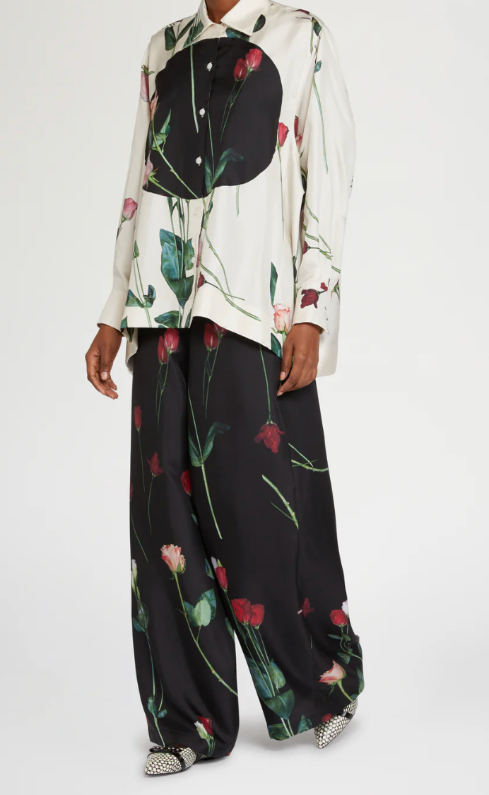 Black Silk Pants with Floral Print