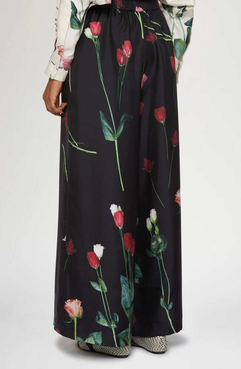 Black Silk Pants with Floral Print