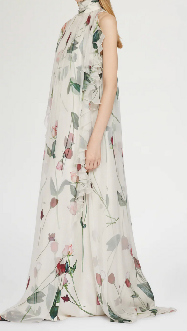 Long Silk Dress with Ruffles