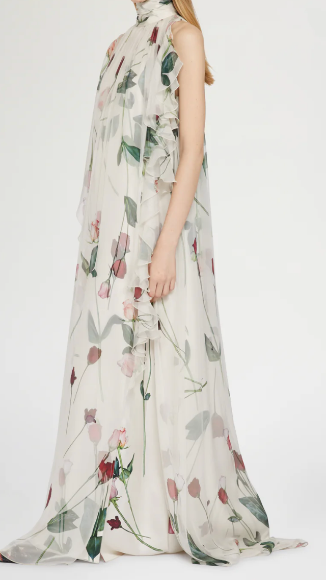 Long Silk Dress with Ruffles