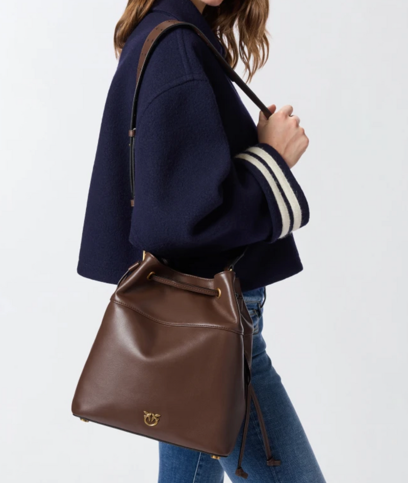 Leather bucket bag with Love Birds logo