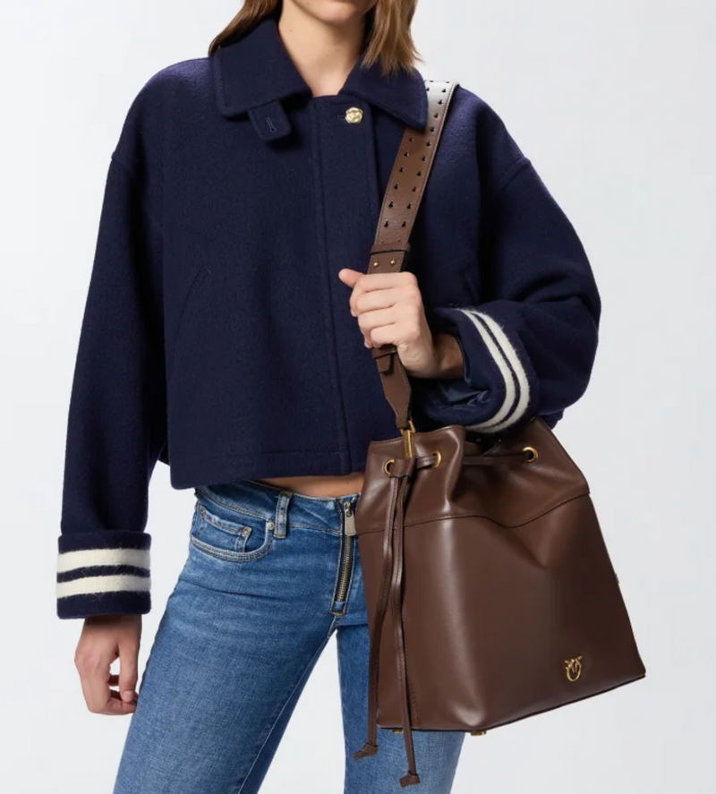 Leather bucket bag with Love Birds logo