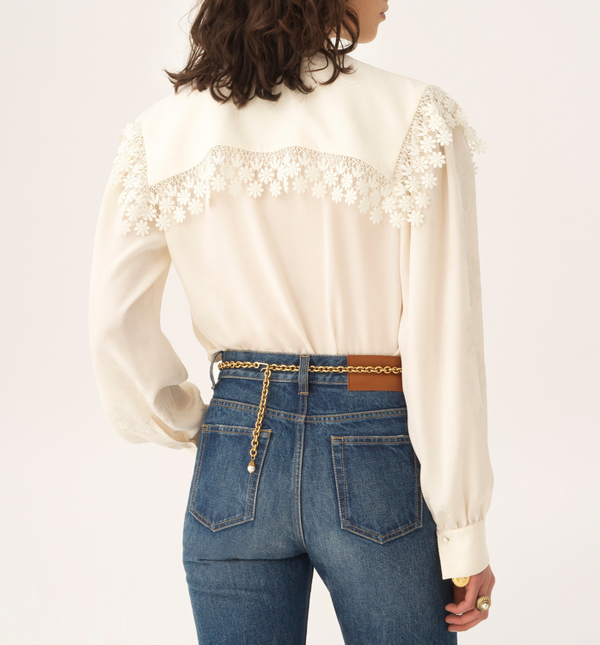 MAXI-COLLAR BLOUSE IN SILK JACQUARD & LACE – LISKAFASHION