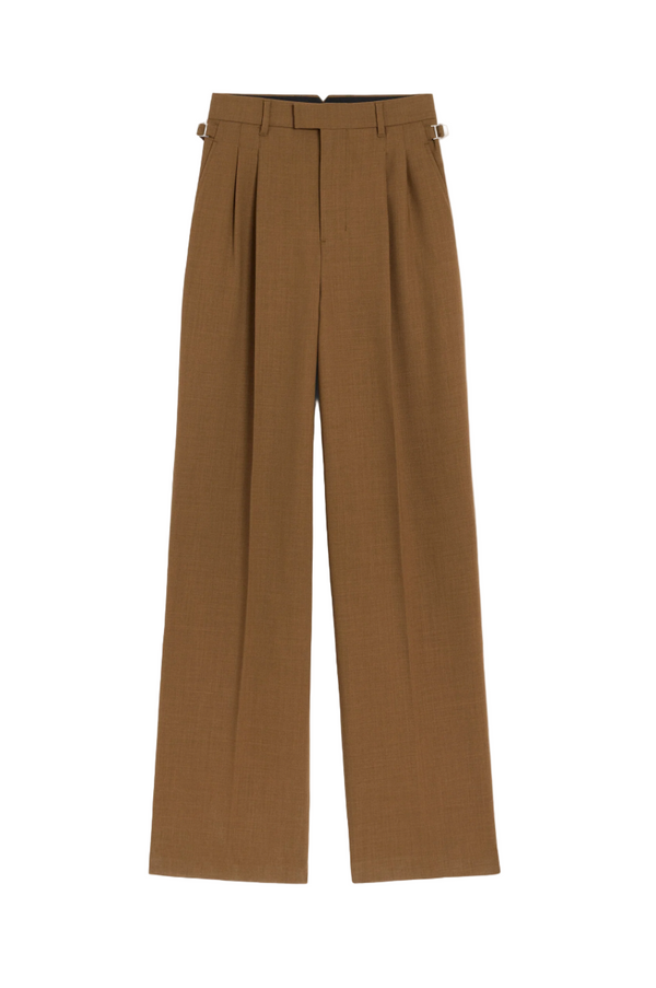 BROWN WOOL HIGH WAIST TABS WIDE TROUSERS