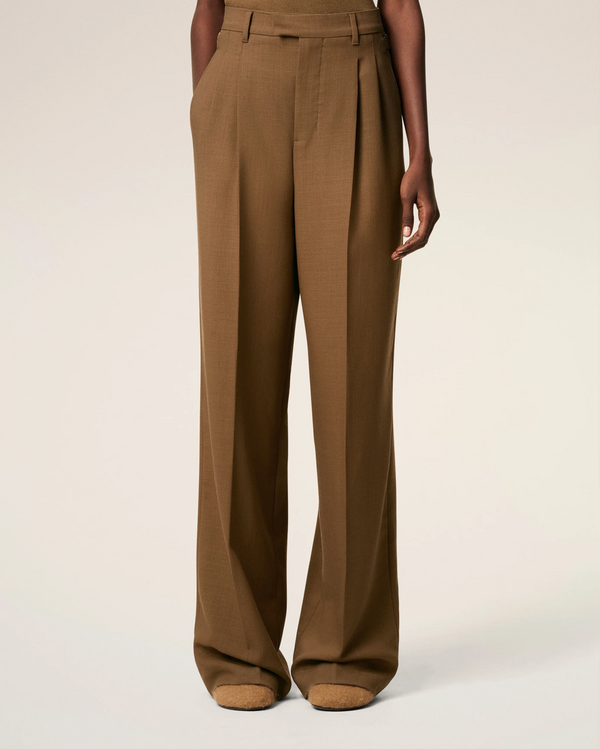 BROWN WOOL HIGH WAIST TABS WIDE TROUSERS