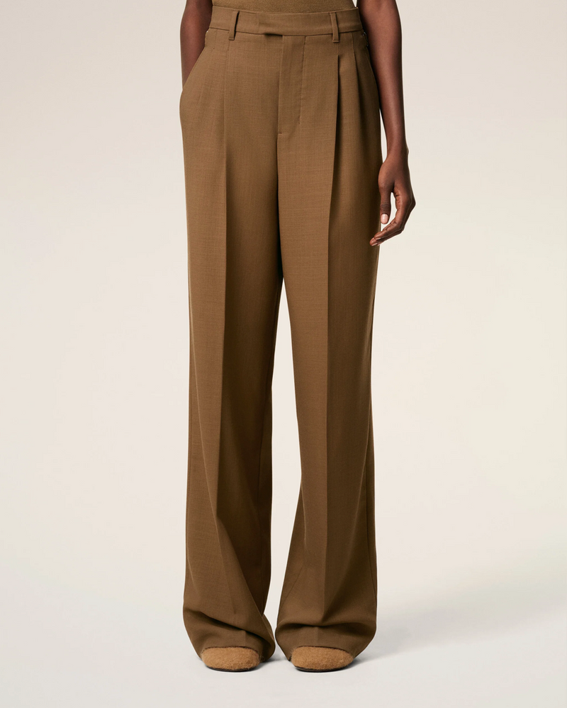BROWN WOOL HIGH WAIST TABS WIDE TROUSERS