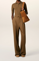 BROWN WOOL HIGH WAIST TABS WIDE TROUSERS