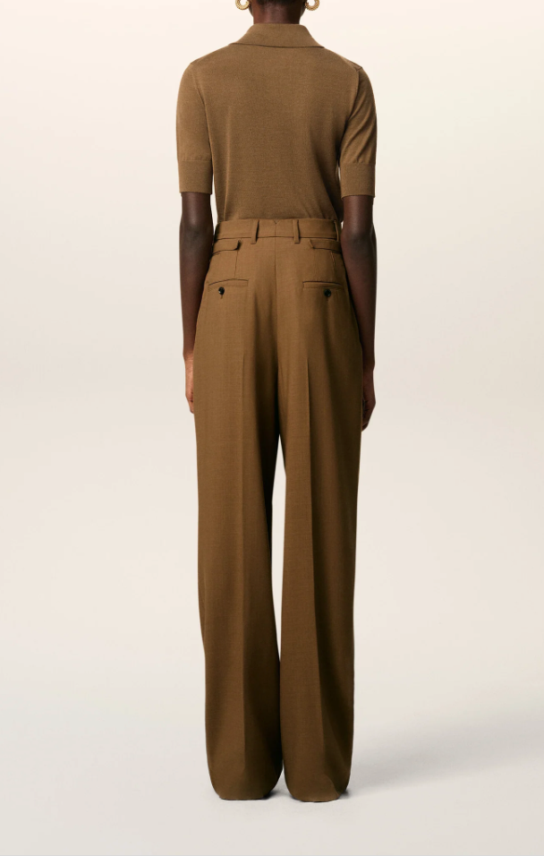 BROWN WOOL HIGH WAIST TABS WIDE TROUSERS