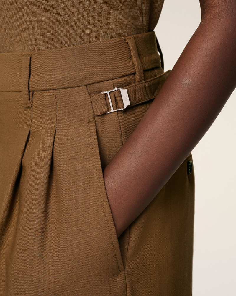 BROWN WOOL HIGH WAIST TABS WIDE TROUSERS