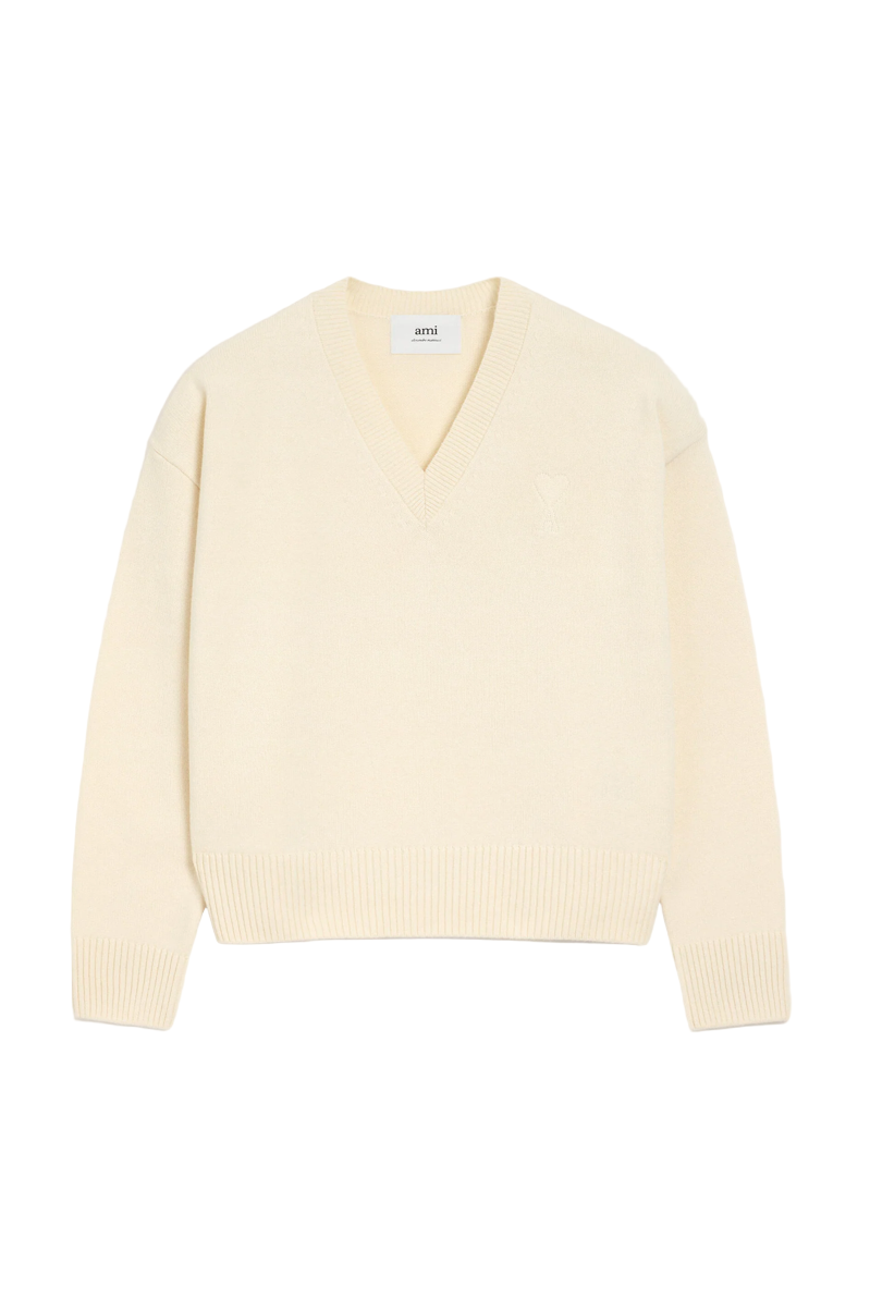 WHITE WOOL AMI DE COEUR V NECK SWEATER