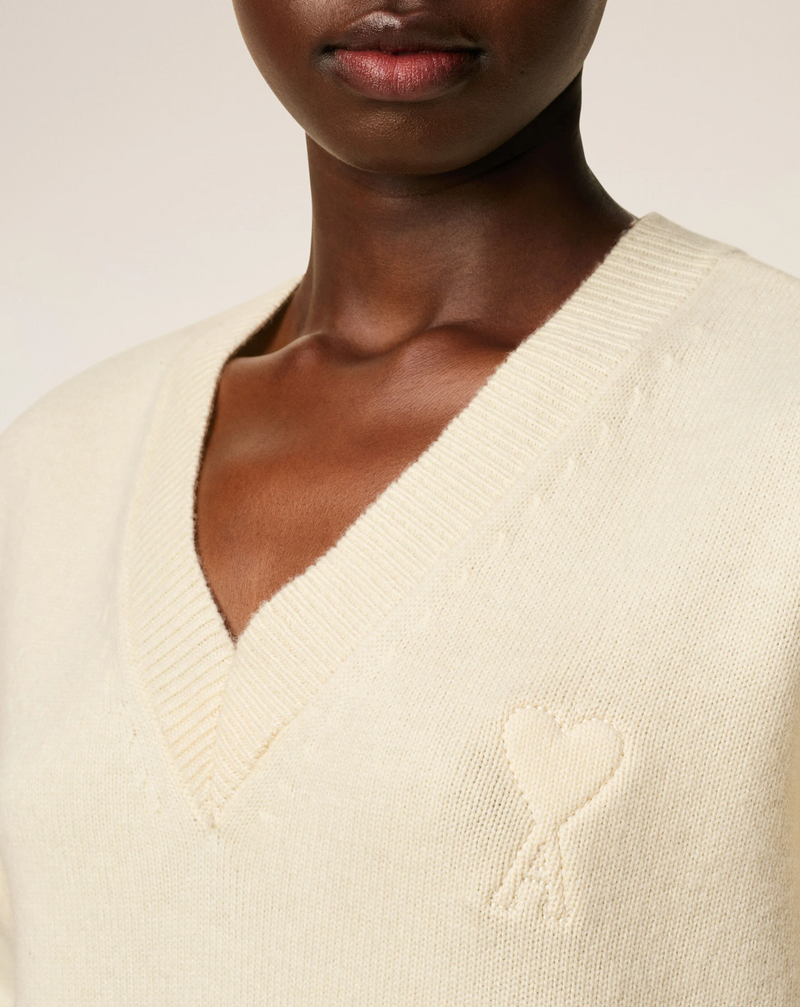 WHITE WOOL AMI DE COEUR V NECK SWEATER