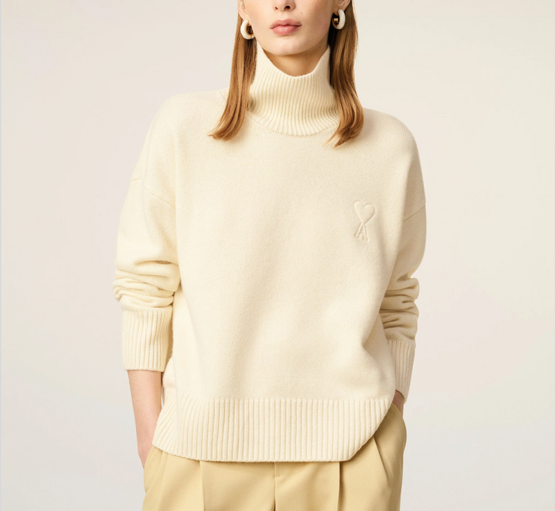 WHITE WOOL AMI DE COEUR FUNNEL NECK SWEATER