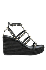 Rockstud Ankle Strap Wedge Sandal In Calfskin Leather 95 Mm