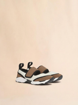 White and light brown lycra Mary Jane Running Sneaker