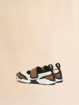 White and light brown lycra Mary Jane Running Sneaker