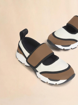 White and light brown lycra Mary Jane Running Sneaker
