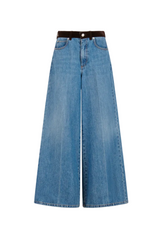 Blue denim trousers with velvet waistband