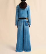 Blue denim trousers with velvet waistband