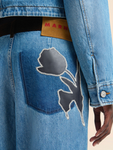 Blue denim trousers with velvet waistband