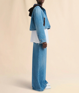 Blue denim trousers with velvet waistband