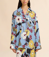 Blue envers satin pyjama shirt with Melodia print