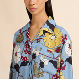 Blue envers satin pyjama shirt with Melodia print