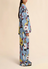 Blue envers satin pyjama shirt with Melodia print