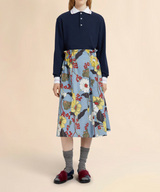 Blue poplin elasticated midi skirt with Melodia print